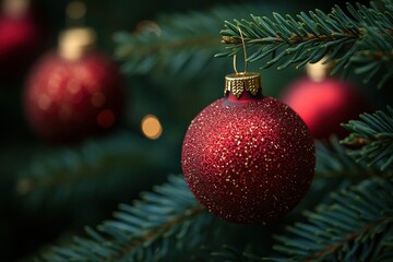 Close-Up of a Shiny Red Christmas Ornament Hanging on Green Pine Branches, Capturing the Warmth and Spirit of Holiday Cheer and Decoration