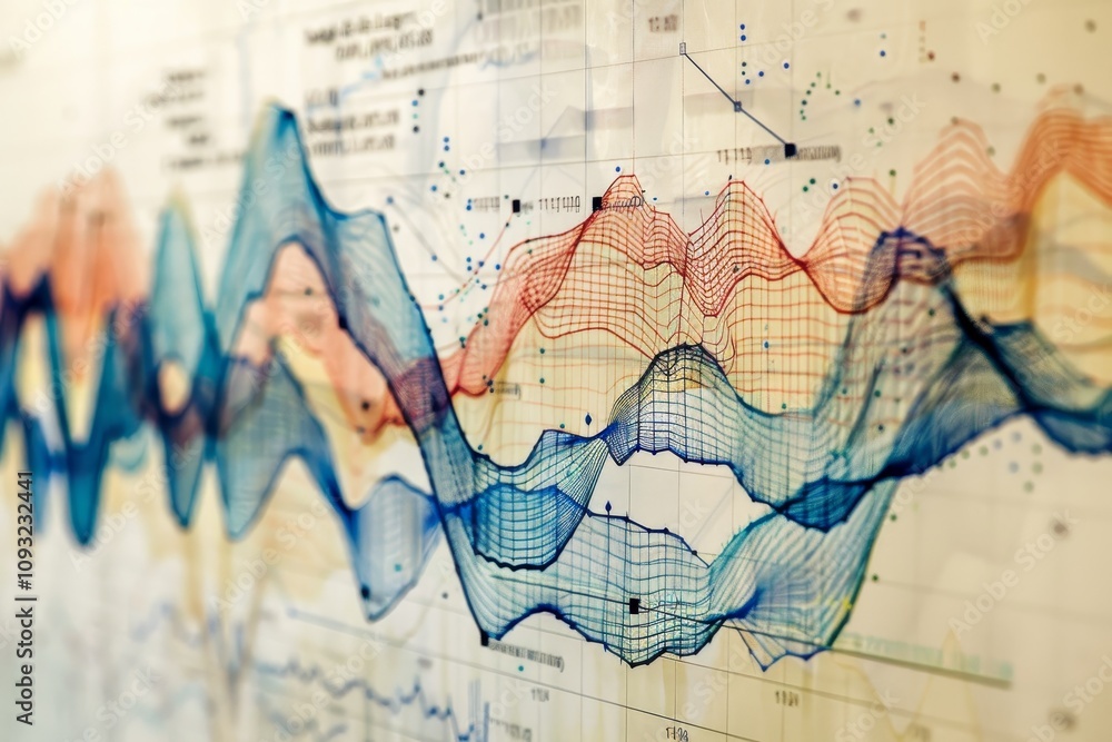 Poster a close-up view of a graph featuring a red and blue line, illustrating data trends and comparisons. 