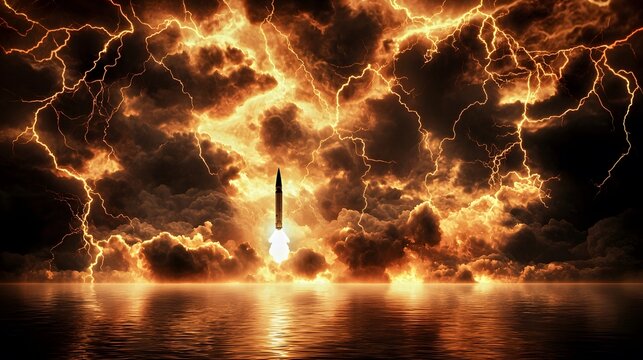 A stock photo of a missile launch, with dramatic lighting and a sense of urgency. 