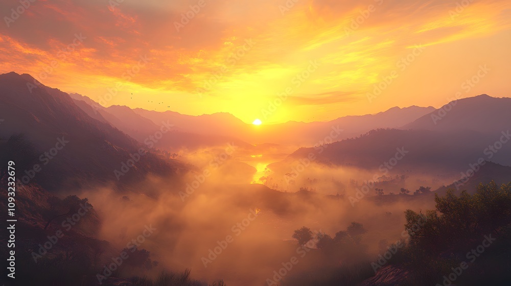 Aufkleber serene mountain landscape at sunrise with mist over river and lush greenery illuminated by warm glow