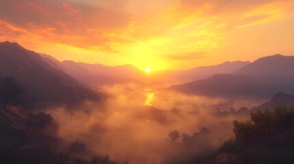 Obraz premium Serene Mountain Landscape at Sunrise with Mist Over River and Lush Greenery Illuminated by Warm Glow of Orange and Yellow Sky Creating Tranquil Nature Scene