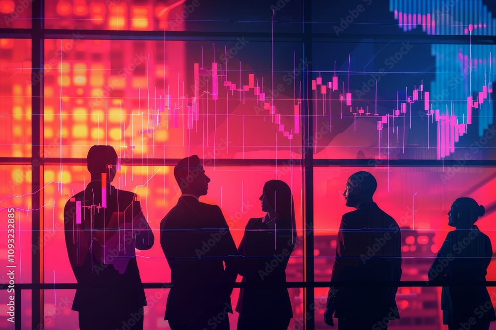 Poster business professionals analyzing data trends displayed on a screen with graphs during a meeting. a g