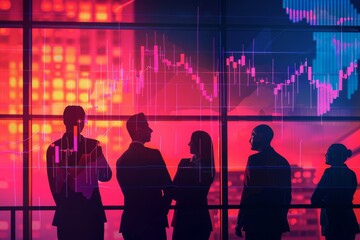 Business professionals analyzing data trends displayed on a screen with graphs during a meeting. A group of executives watching an inflation chart grow .