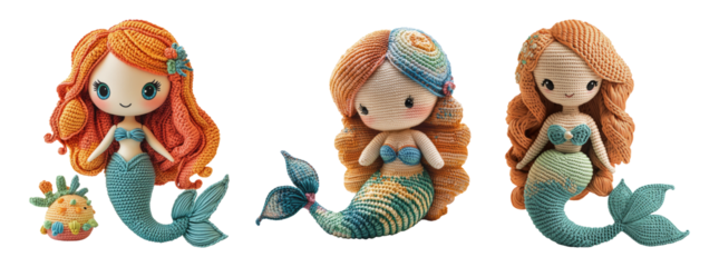 Cute Crochet Mermaid Dolls on Transparent Background