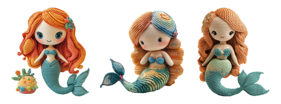 Cute Crochet Mermaid Dolls on Transparent Background - Powered by Adobe