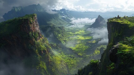 Majestic Landscape of Lush Green Mountains Under a Dramatic Sky with Clouds and Sunlight Peeking Through, Creating a Serene Natural Paradise