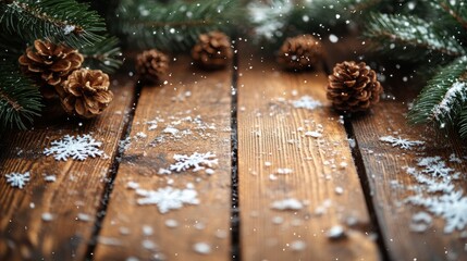 Festive Winter Scene with Snowflakes, Pine Cones, and Evergreen Branches on Rustic Wooden Background for Holiday Celebrations and Seasonal Decor