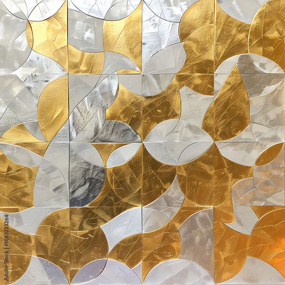 Poster textured wall art featuring pattern of gold and silver leaf, creating dynamic interplay of light and