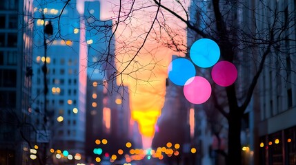 A Breathtaking Twilight Urban Street Scene with Silhouetted Trees and Colorful Bokeh Lights Creating a Dreamy Atmosphere in the Cityscape