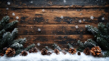 Festive Winter Wonderland Background with Snowflakes, Pine Cones, and Evergreen Branches on Rustic Wooden Surface for Seasonal Holiday Themes