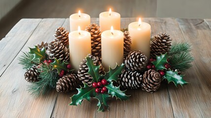 Festive Christmas Centerpiece with Pinecones and Candles, holly, table, decoration, holiday