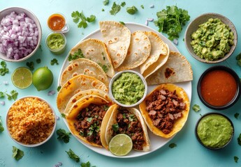 Colorful Mexican taco platter with various toppings including guacamole, salsa, and cilantro on a vibrant blue background perfect for food lovers and culinary inspiration