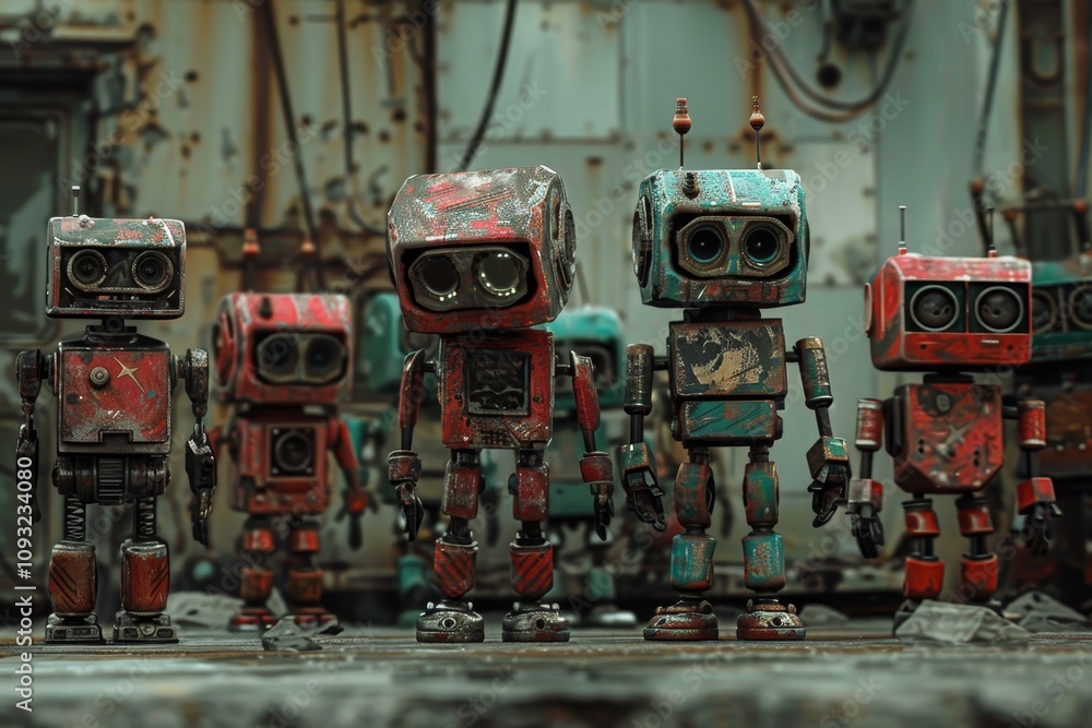 Poster several robots are positioned before a dilapidated rusty wall, highlighting their design against the
