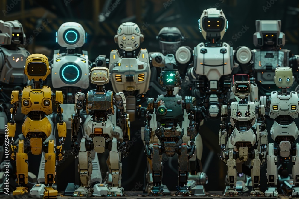 Poster several robots are positioned before a dilapidated rusty wall, highlighting their design against the