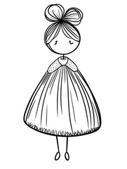 This line drawing depicts a cute cartoon girl with a bun and a simple dress, showcasing minimalism and innocence, ideal for children's themes or playful designs.