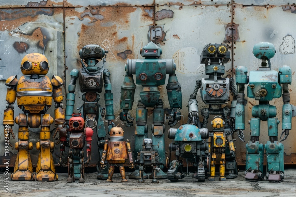 Poster several robots are positioned before a dilapidated rusty wall, highlighting their design against the