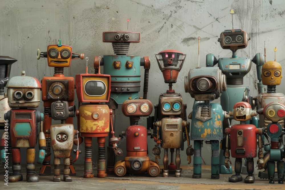 Poster several robots are positioned before a dilapidated rusty wall, highlighting their design against the