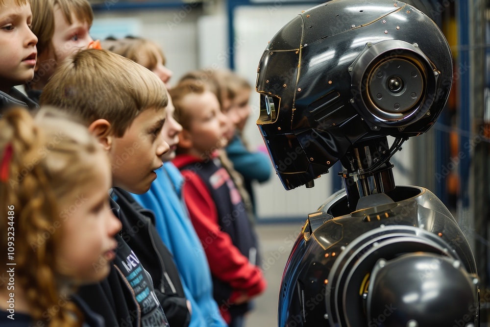 Poster a robot stands before a group of children, engaging them with its friendly presence and interactive 