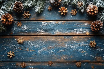 Festive Winter Decoration with Pinecones, Snowflakes, and Greenery on Rustic Blue Wooden Background Creating a Cozy Holiday Atmosphere for Celebrations