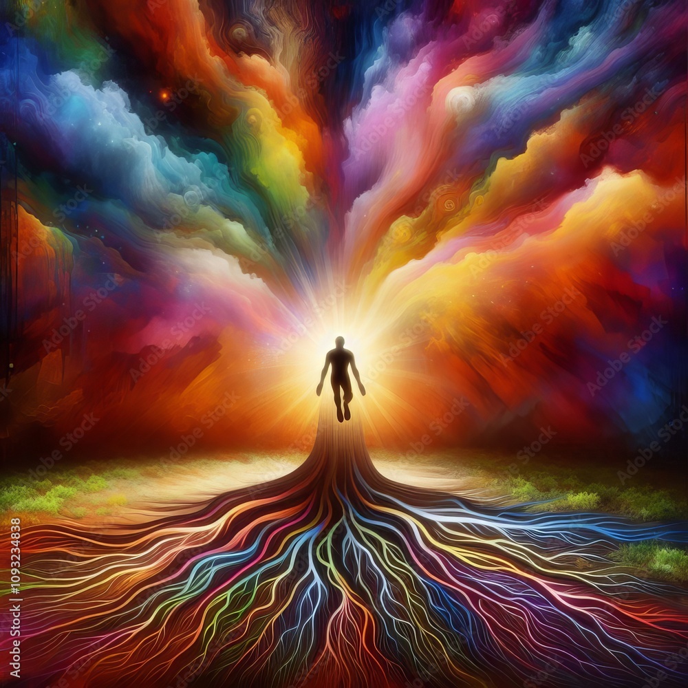 Poster grounding a figure with roots extending into the earth surrounde