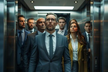 Business people of various backgrounds interacting in a corporate elevator setting. A group of suit-clad business people in a modern glass elevator .