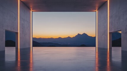 Serene sunset view from a minimalist concrete structure. The warm sunset colors contrast beautifully with the cool gray of the building. A perfect blend of architecture and nature.