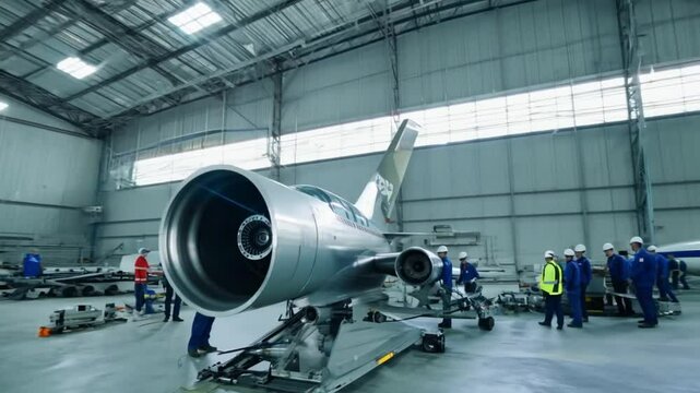 Close-up of a commercial airplane engine in a hangar with maintenance workers in the background