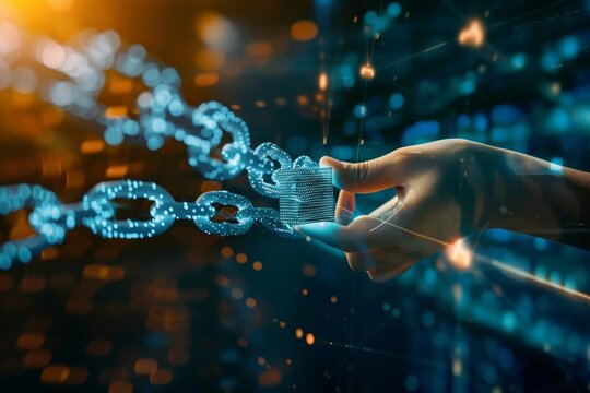 A futuristic representation of blockchain technology, showcasing interconnected nodes and digital security features. A hand placing a block on a chain symbolizing blockchain construction .