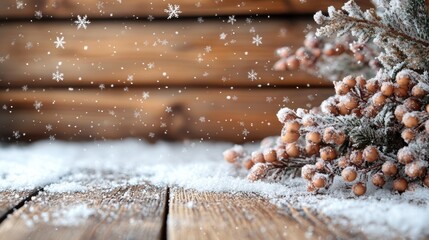 Beautiful winter scene featuring frosty branches and vibrant berries on a wooden table with falling snowflakes, creating a serene and cozy holiday atmosphere