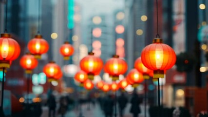 Urban Lantern Glow: Red lanterns illuminate a city street at night, creating a warm and inviting atmosphere. Perfect for Lunar New Year or any festive celebration.