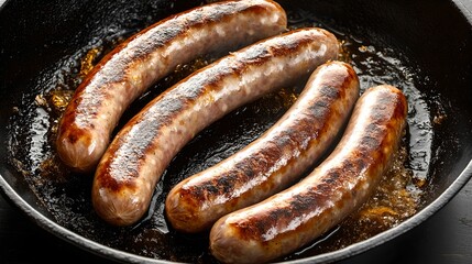 Delicious Bratwurst Cooking in a Cast-Iron Skillet, food, sausage, meal, golden-brown