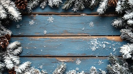 Winter Wonderland Background with Snowy Pine Branches and Decorative Pine Cones on a Rustic Blue Wooden Surface for Holiday and Seasonal Themes