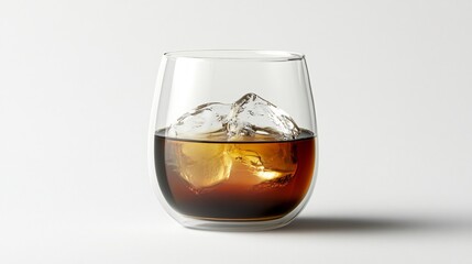 Dark Coffee in Short Transparent Glass with Ice on White Background