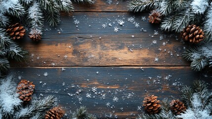 Rustic Winter Background with Pinecones, Snowflakes, and Evergreen Foliage on Wooden Planks Ideal for Holiday Themed Designs and Seasonal Promotions