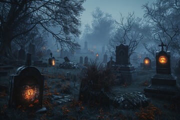 An eerie forest filled with tombstones and dense trees, creating a somber and mysterious environment. A haunted graveyard with eerie, glowing tombs .