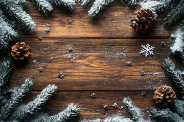 Serene Winter Scene Featuring Snow-Covered Pinecones and Evergreen Branches on Rustic Wooden Table, Perfect for Holiday Celebrations and Seasonal Decor
