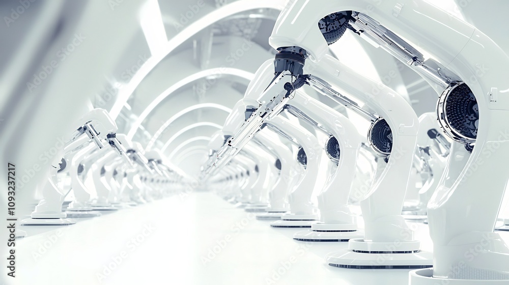 Poster futuristic robotic arms assembling products on a sleek production line representing automation and i