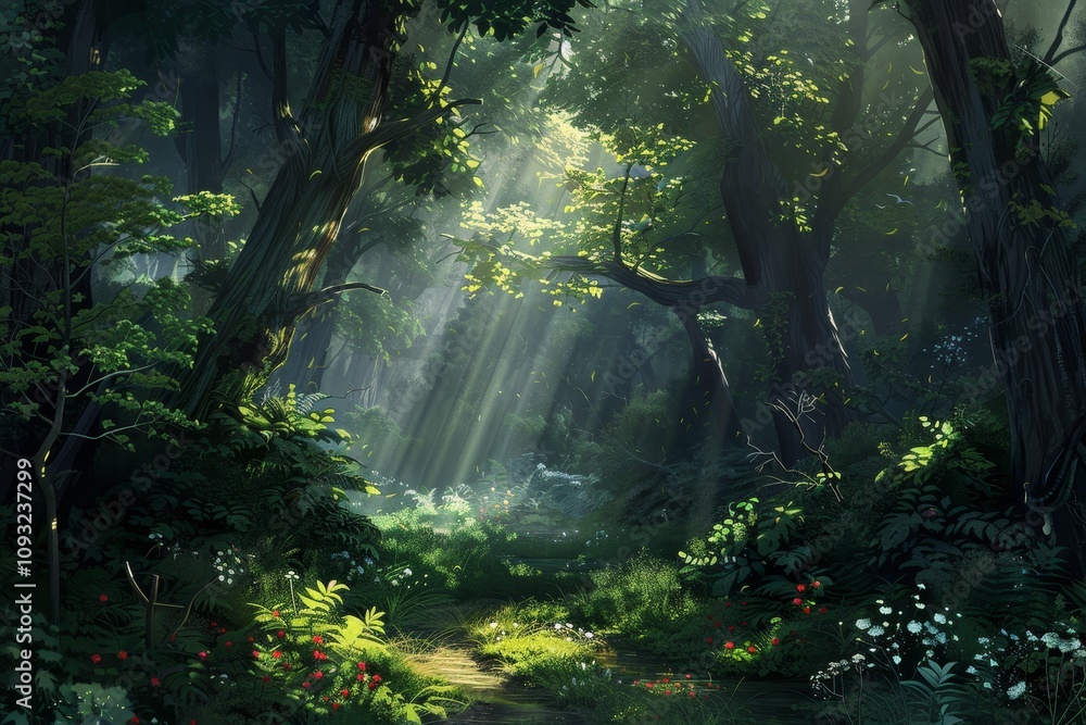 Poster sunlight filters through the lush green canopy of trees in a serene forest, creating a tranquil and 
