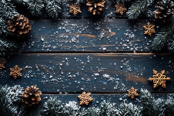 Festive Winter Arrangement with Snowflakes, Pine Cones, and Evergreens on Rustic Wooden Surface, Perfect for Holiday and Seasonal Themes