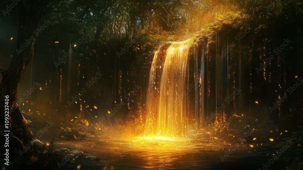 Poster magical golden waterfall surrounded by lush greenery and sparkling light rays in a serene forest set