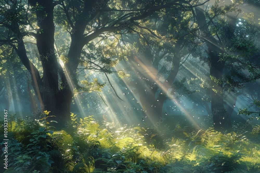 Poster sunlight filters through the lush green canopy of trees in a serene forest, creating a tranquil and 
