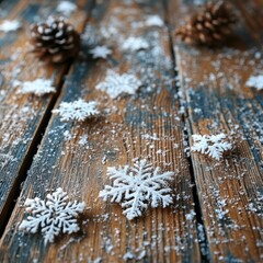 Snowflakes and Natural Elements on Wooden Surface Creating a Cozy Winter Scene with Pine Cones and Dusting of Snow for Seasonal Imagery or Holiday Themes