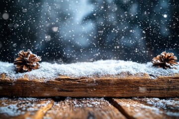 Serene Winter Scene with Snow-covered Pine Cones on Rustic Wood Surface Surrounded by Gentle Falling Snowflakes in a Magical Forest Setting