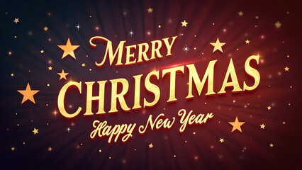 Fototapeta premium Merry Christmas and Happy New Year greeting card with golden text and stars. Holiday celebration concept.