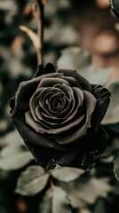 Captivating Black Rose Bloom Surrounded by Lush Green Leaves, Evoking Elegance and Mystery in Nature's Palette with a Soft Focus Effect