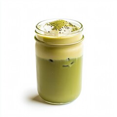 Matcha Iced Latte in a Mason Jar on White Background