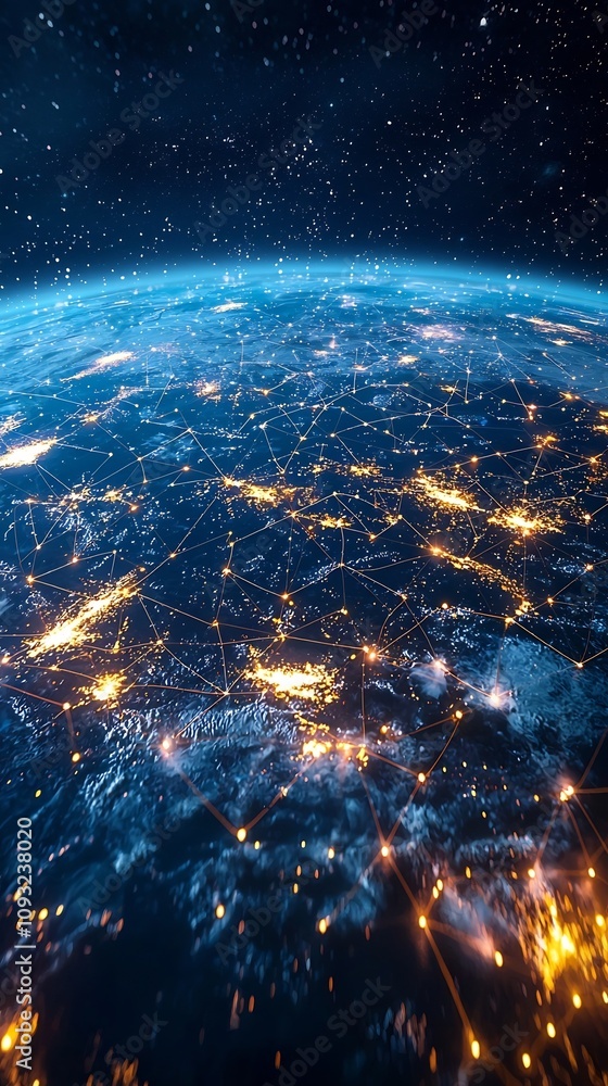 Poster global business network with digital connections between continents representing cross border innova