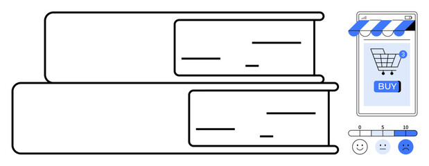 Two books stacked, a smartphone displaying a shopping cart app with a buy button and a store awning, a rating bar with happy neutral and sad faces. Ideal for e-commerce, online shopping, book sales