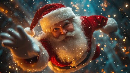 Cheerful Santa Claus Reaching Out with an Outstretched Hand Surrounded by Sparkling Snowflakes and Soft Glowing Lights Celebrating the Holiday Season