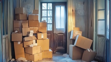 Fototapeta premium Abandoned Room with Stacked Cardboard Boxes Near a Doorway Surrounded by Snowy Winter Landscape in a Dilapidated Building Filled with Nostalgia